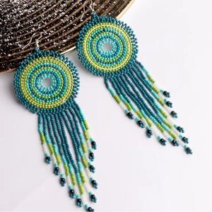 Glass Beaded Waterfall Earrings - Green and Turquoise